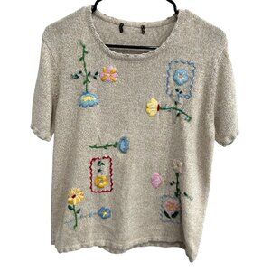 Vintage Style Floral Embroidered Beige Knit Short-Sleeve Top